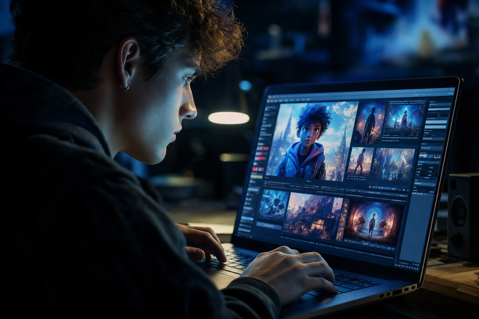 Young person working with AI filmmaking tools on a laptop